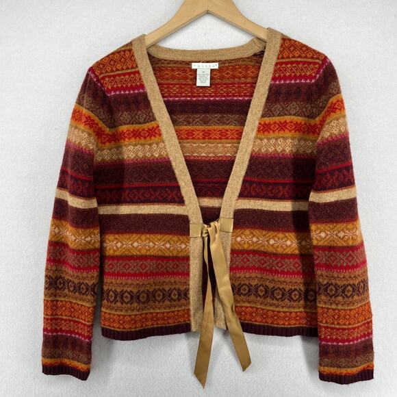 TWEEDS Sweater Womens M Lambswool Tie Front Fair Isle Cardigan Orange - Picture 1 of 14